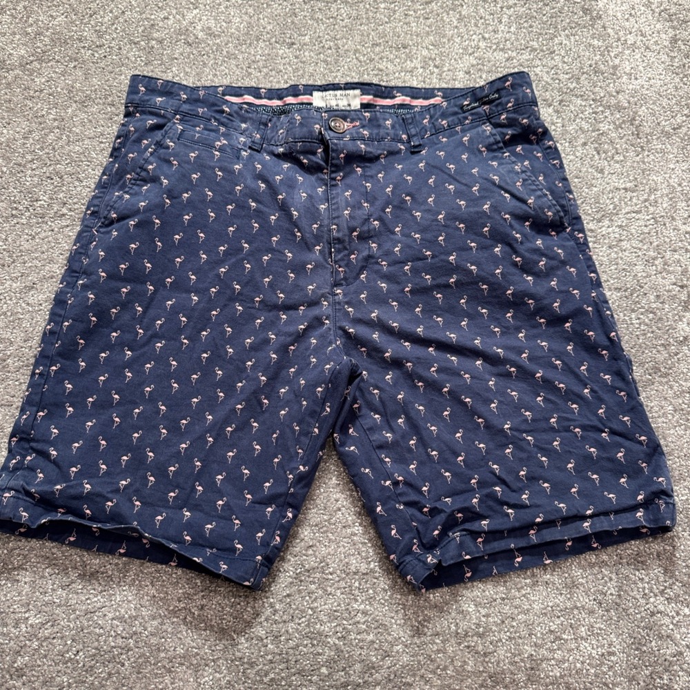 Cactus Man Ricky Singh Shorts Mens 36 Navy Pink Flamingo Cotton Chino Tropical